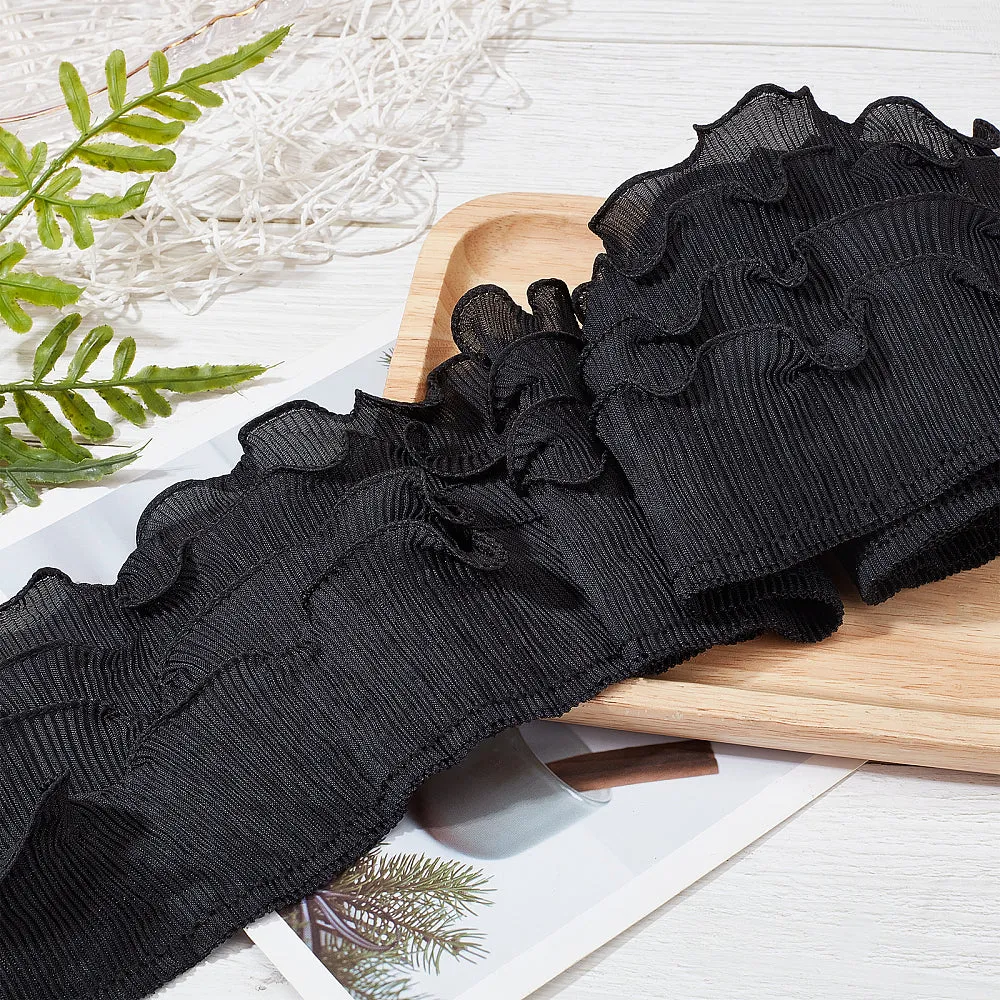 1 Bag 11cm Wide 4-Layer Elastic Ruffle Chiffon Ribbon Black Pleated Lace Edge Trim Gathered Edging Trimming Fabric for Wedding Party Dress Cloth Applique Embellishment DIY Sewing Crafts