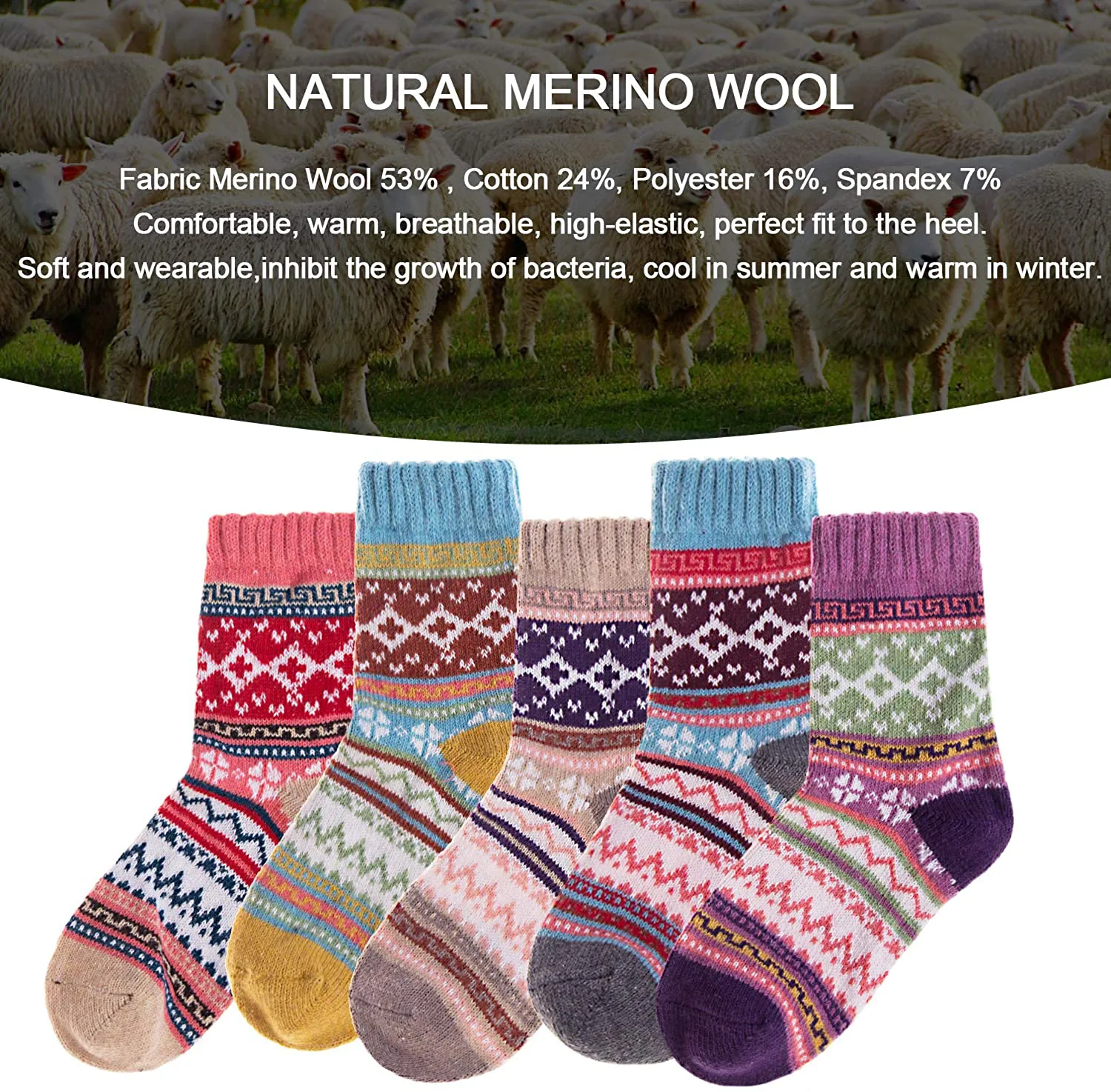 5 Pairs Winter Merino Wool Socks for Women Thick Cozy Socks Knit Warm Socks for Women Christmas Gifts