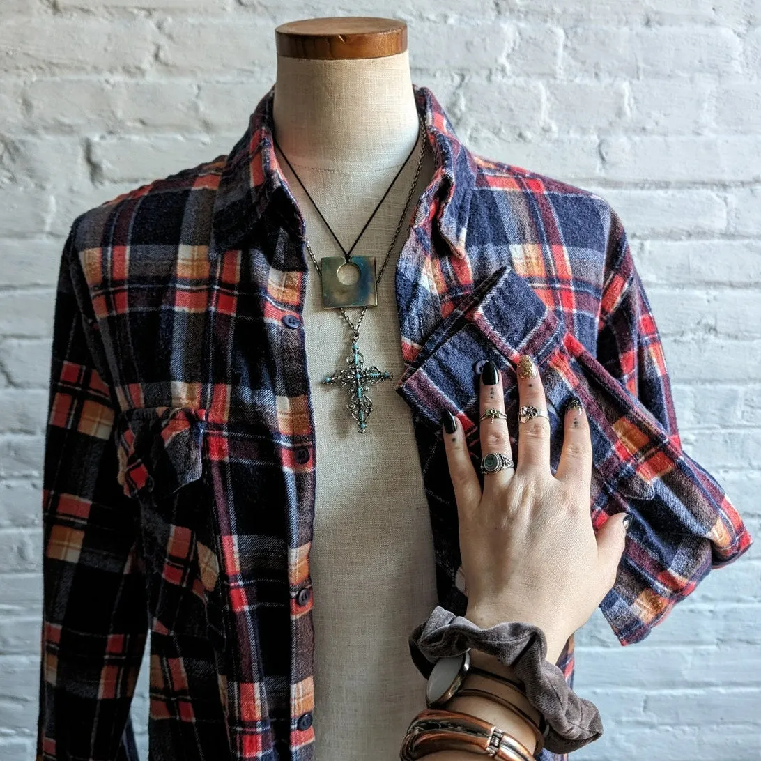 70s Vintage Groovy Grunge Plaid Flannel Button Down Boyfriend Western Shirt Top