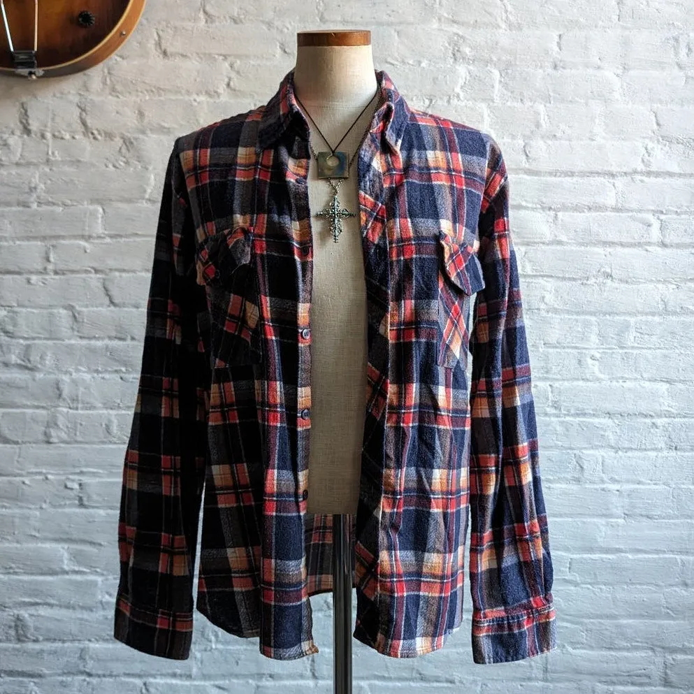 70s Vintage Groovy Grunge Plaid Flannel Button Down Boyfriend Western Shirt Top