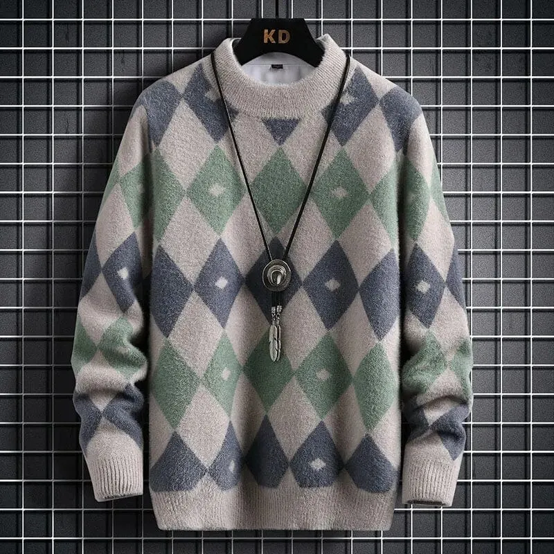 Argyle Sweater - Elevate Your Style: Colour-Blocked Half Turtleneck Warm Sweater - Long Sleeve Loose Knit Pullover