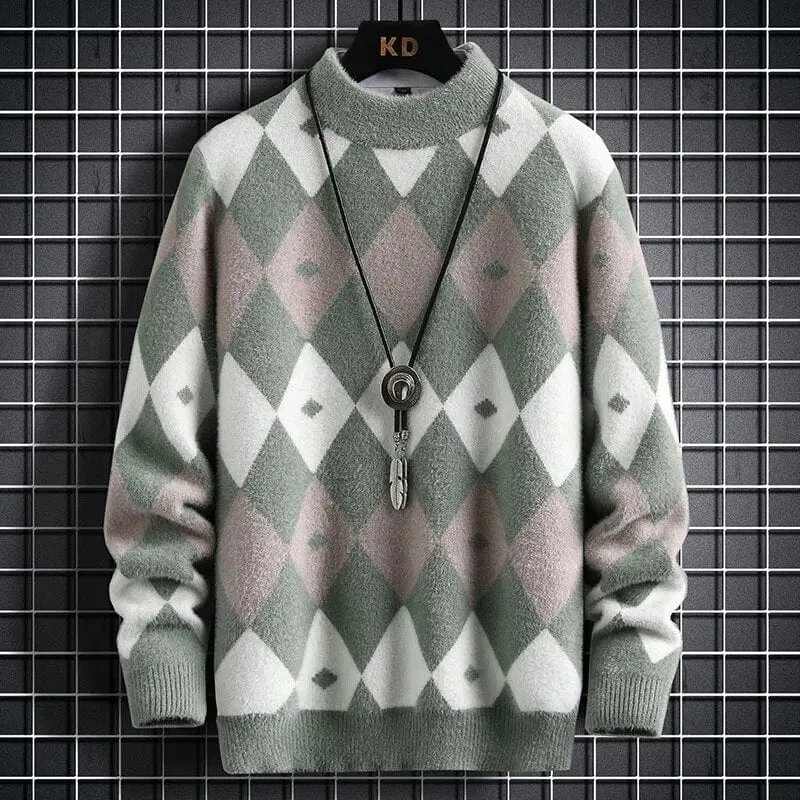 Argyle Sweater - Elevate Your Style: Colour-Blocked Half Turtleneck Warm Sweater - Long Sleeve Loose Knit Pullover