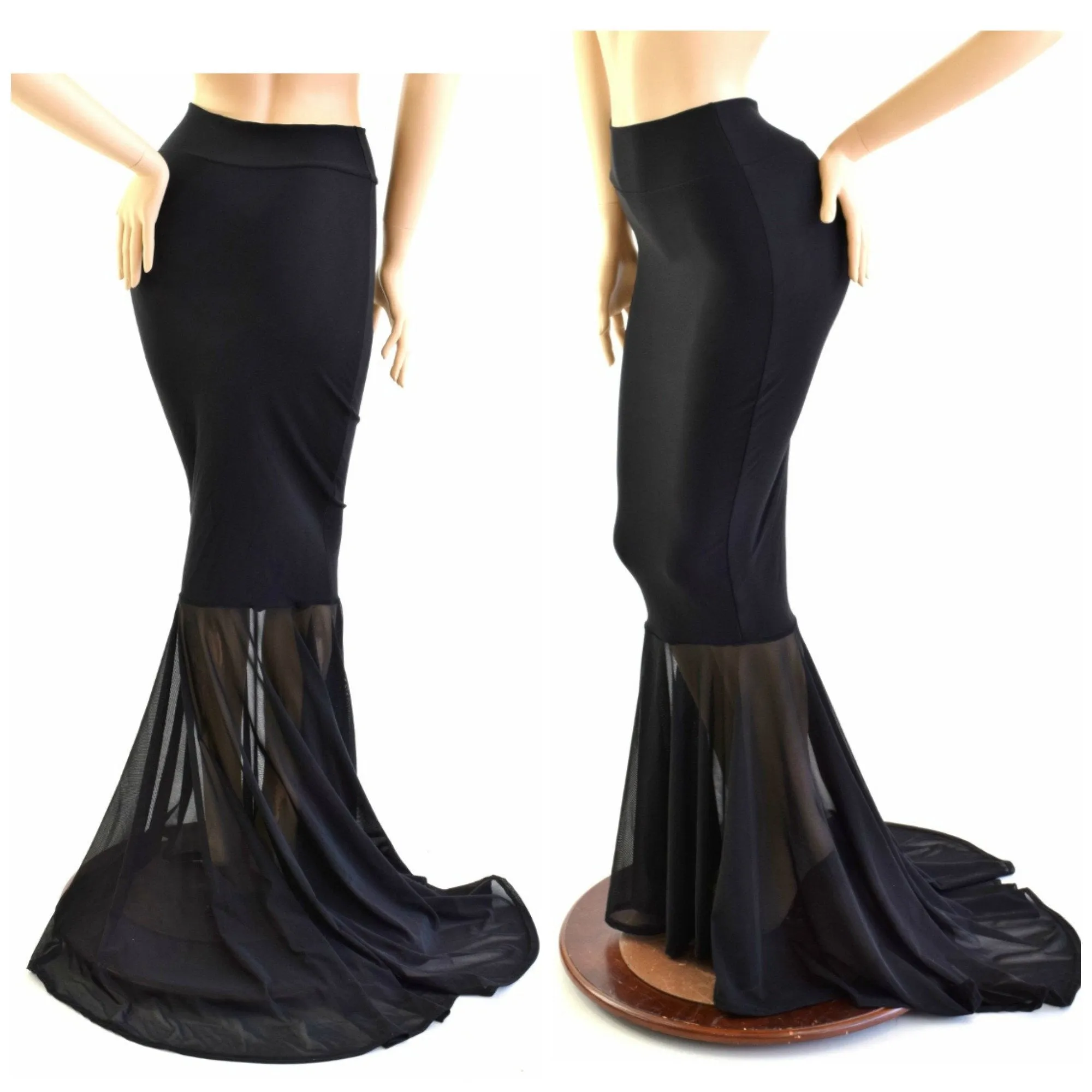 Black Zen Mermaid Skirt, Sheer Mesh Puddle Train