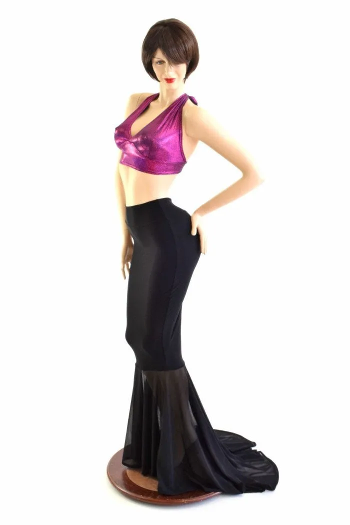 Black Zen Mermaid Skirt, Sheer Mesh Puddle Train