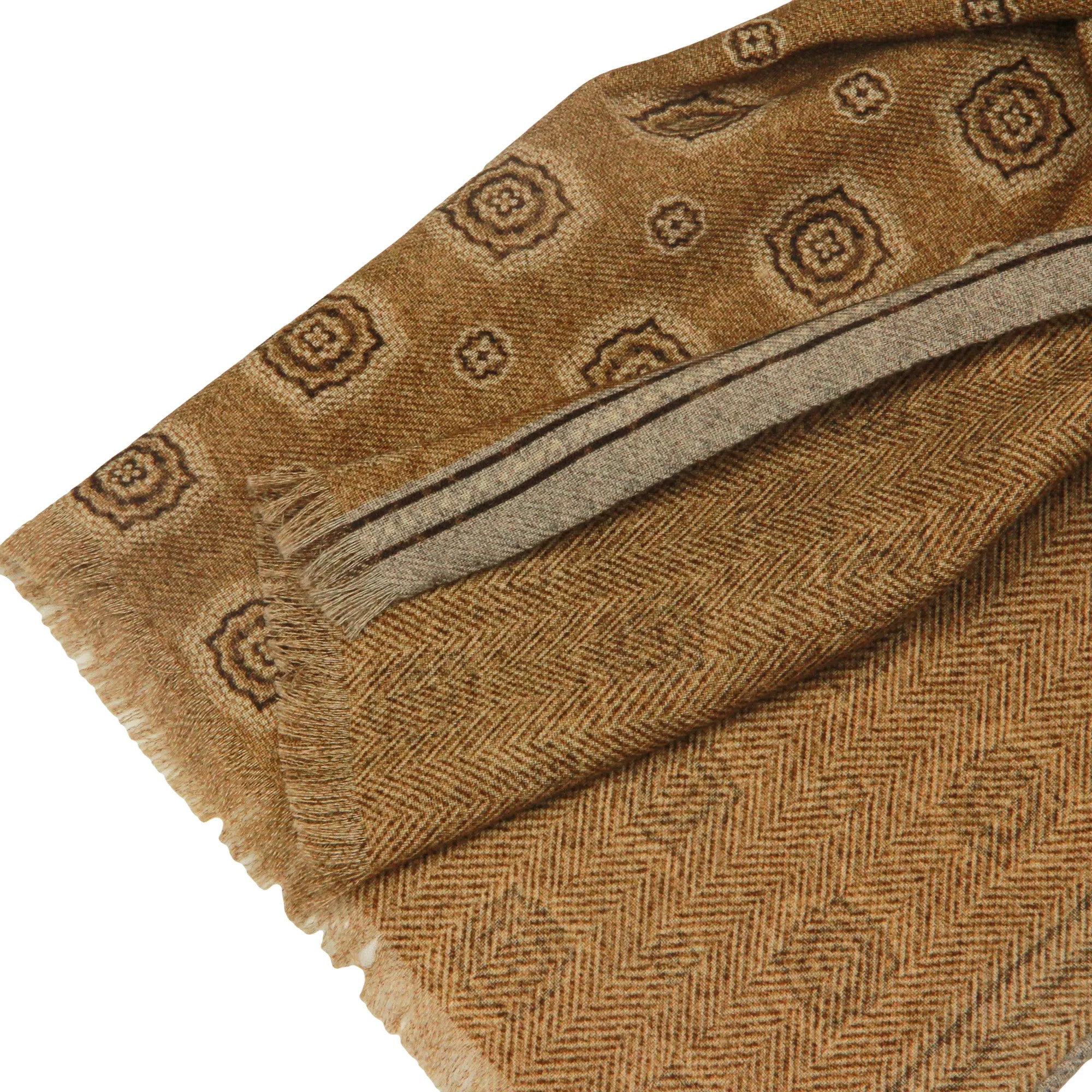 Café Medallion/Herringbone Reversible Wool Scarf - Paolo Albizzati