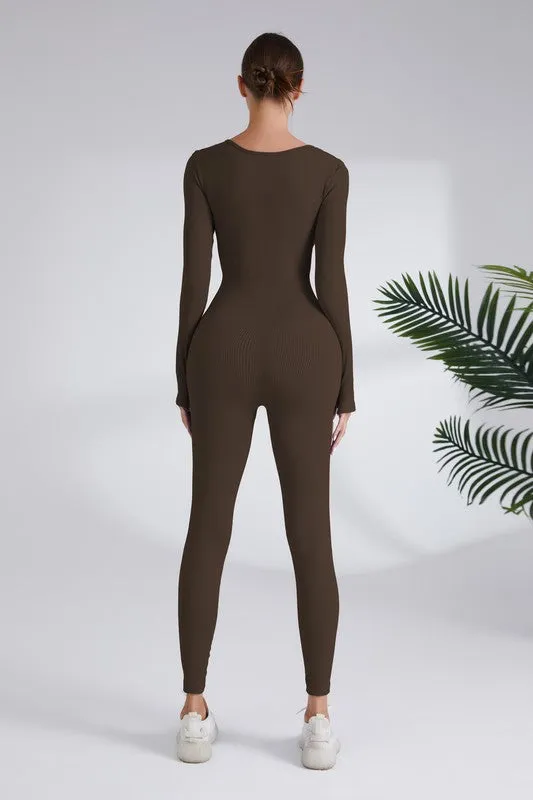 Coffee Square Neck Ribbed Long Sleeve Jumpsuit