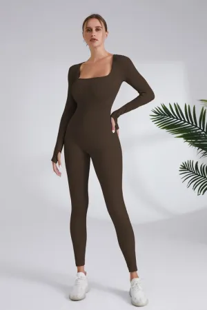 Coffee Square Neck Ribbed Long Sleeve Jumpsuit