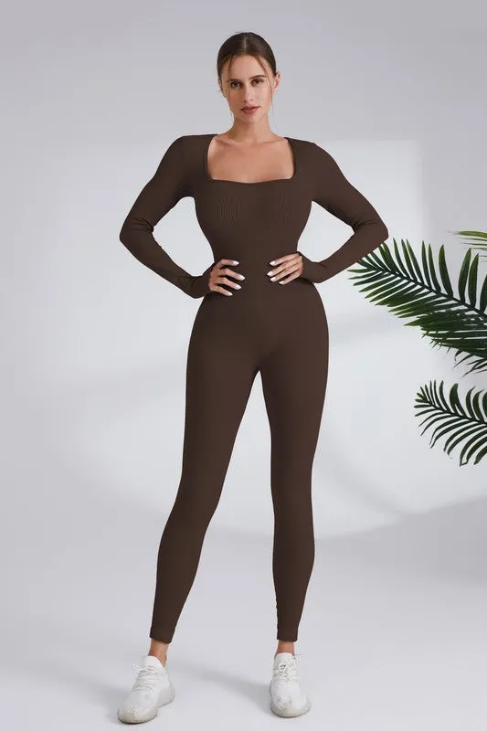 Coffee Square Neck Ribbed Long Sleeve Jumpsuit