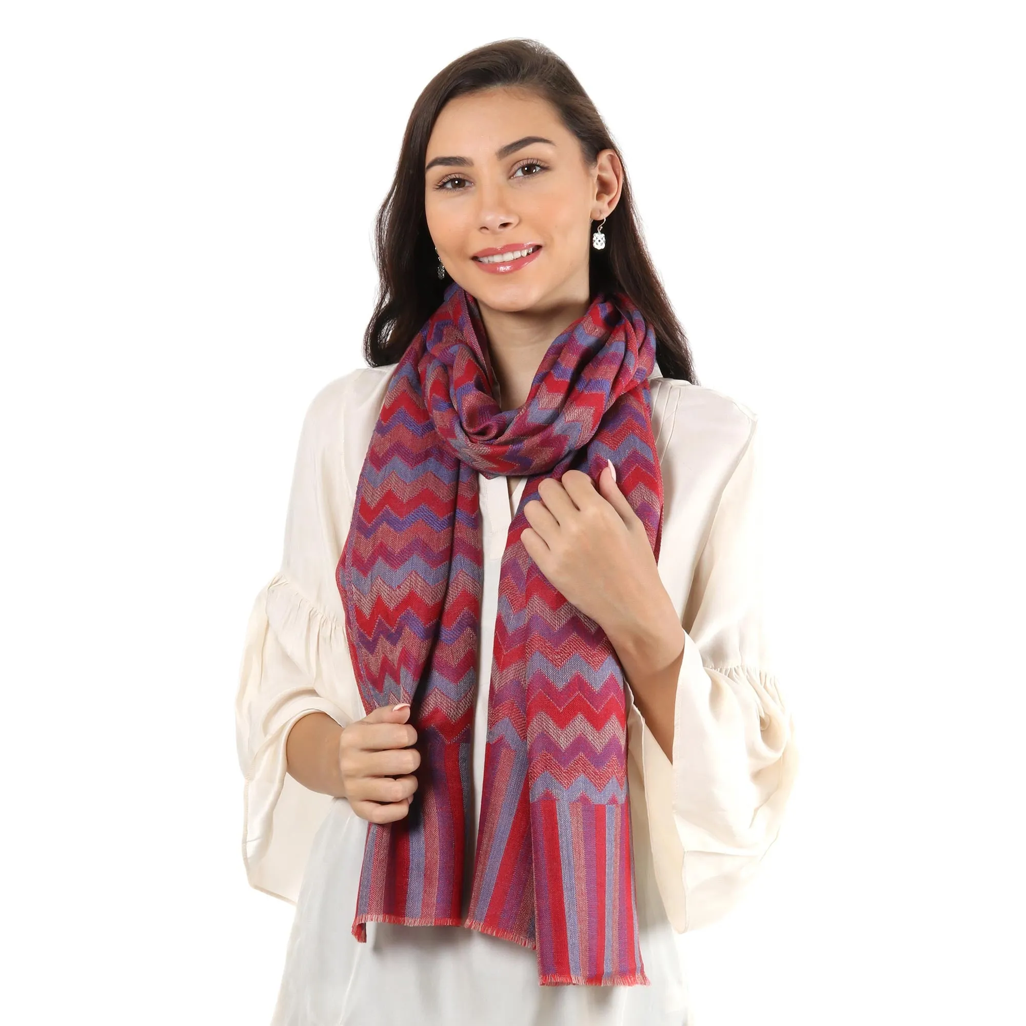 Colorful Zigzag Wool Shawl Handloomed in Indian - Poppy Romance | NOVICA