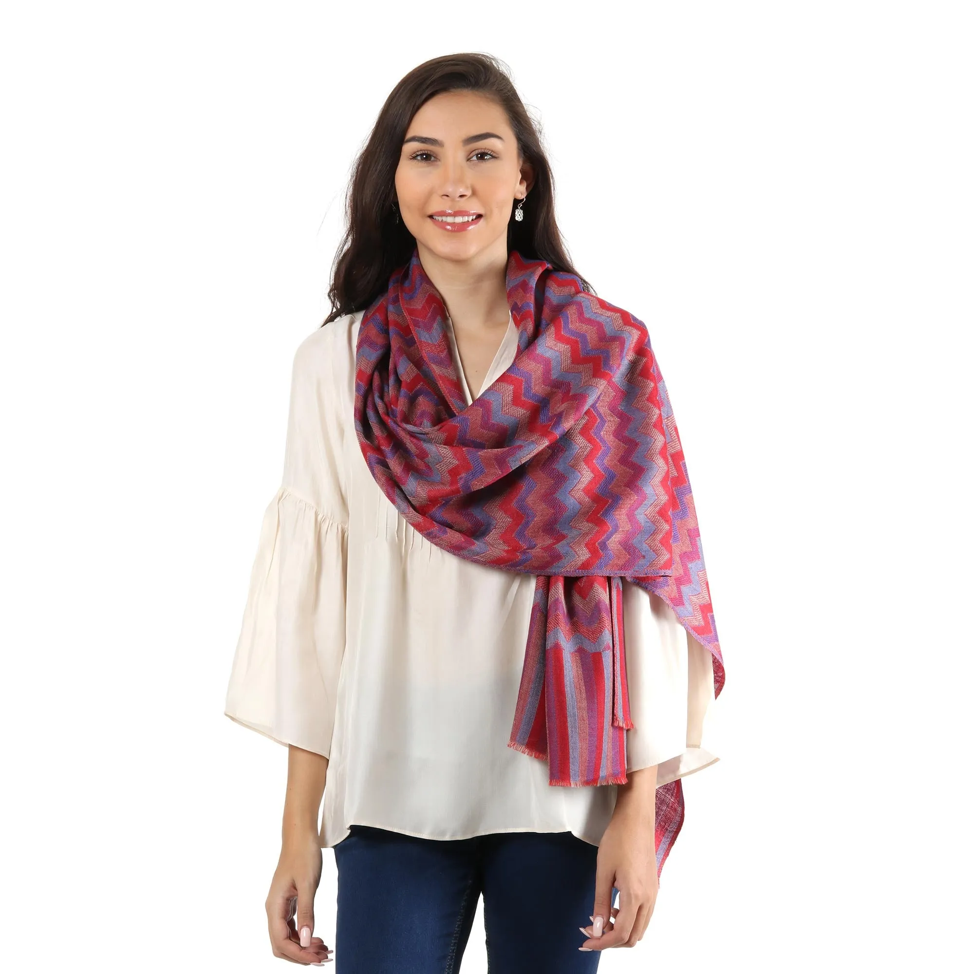 Colorful Zigzag Wool Shawl Handloomed in Indian - Poppy Romance | NOVICA