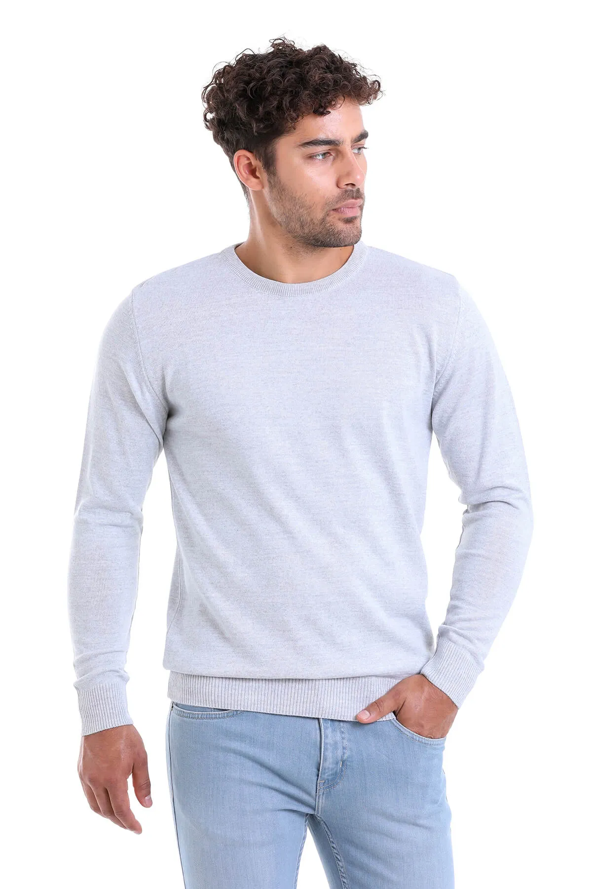 Comfort Fit Wool Blend Light Gray Crewneck Sweater