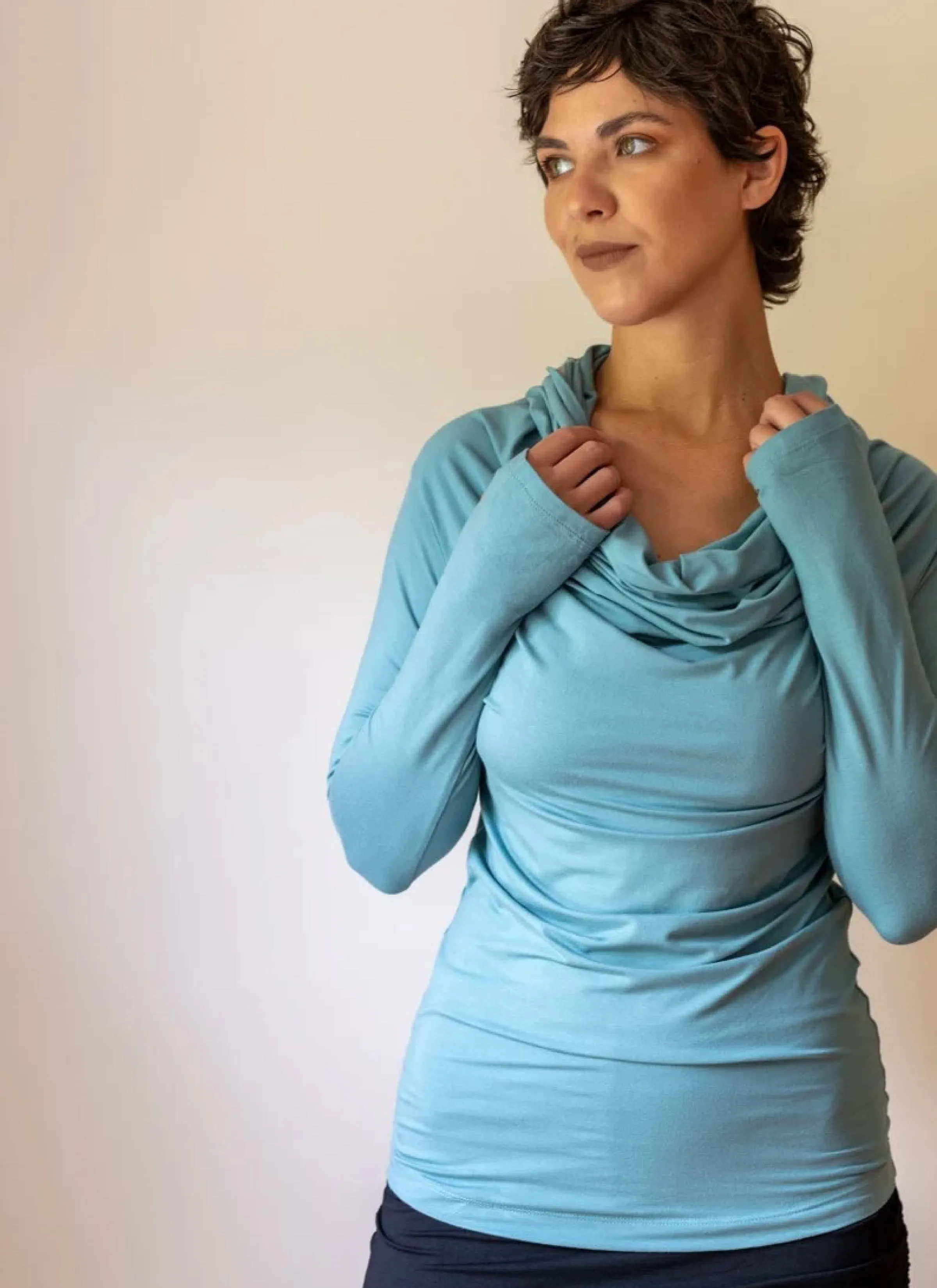 Cowl Neck Hoodie Shirt with Thumbholes in Ocean Blue