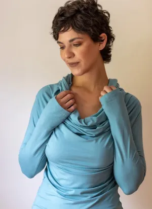 Cowl Neck Hoodie Shirt with Thumbholes in Ocean Blue