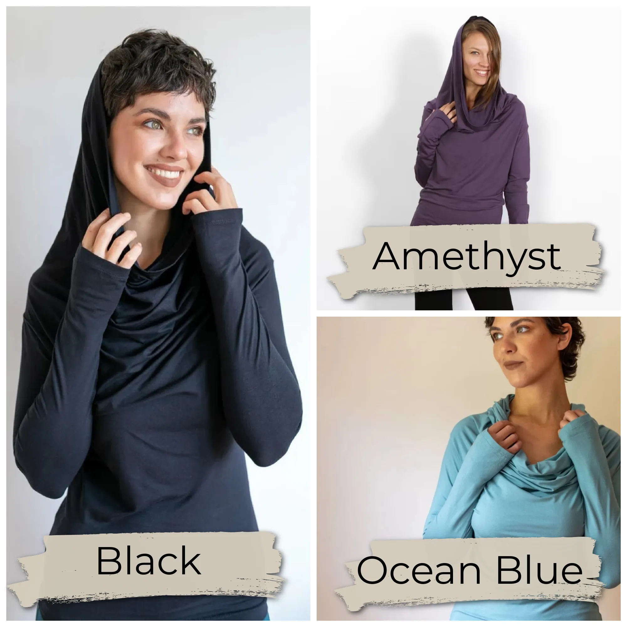 Cowl Neck Hoodie Shirt with Thumbholes in Ocean Blue