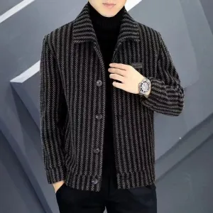 Effortlessly Stylish: Men's Lapel Print Stripe Loose Top Jacket - New Fashion Casual Coat with Cropped Buttons