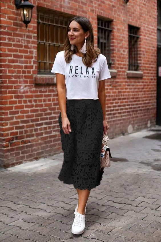 Elastic Waist Lace Midi Skirts