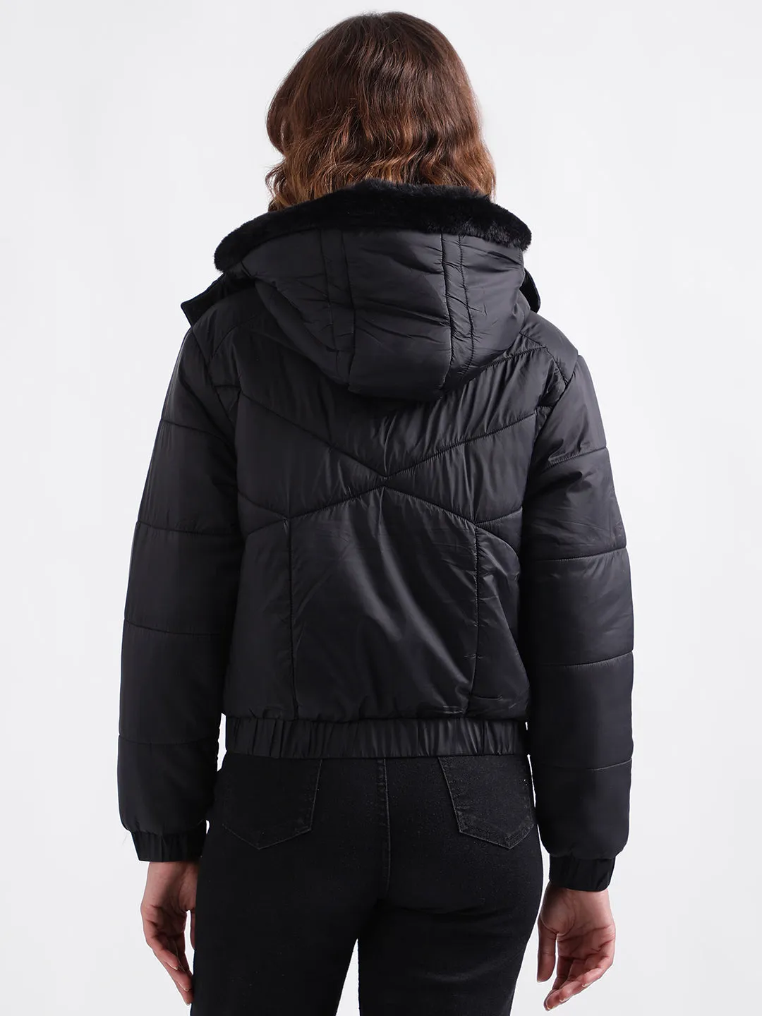 Elle Women Black Solid Detachable Hood Full Sleeves Puffer Jacket