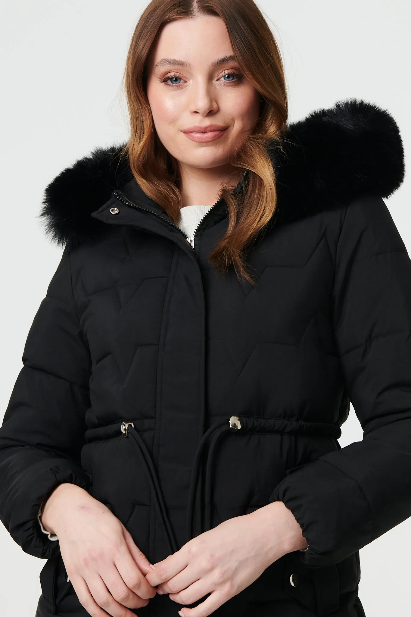 Faux Fur Hooded Tie Waist Puffer Jacket