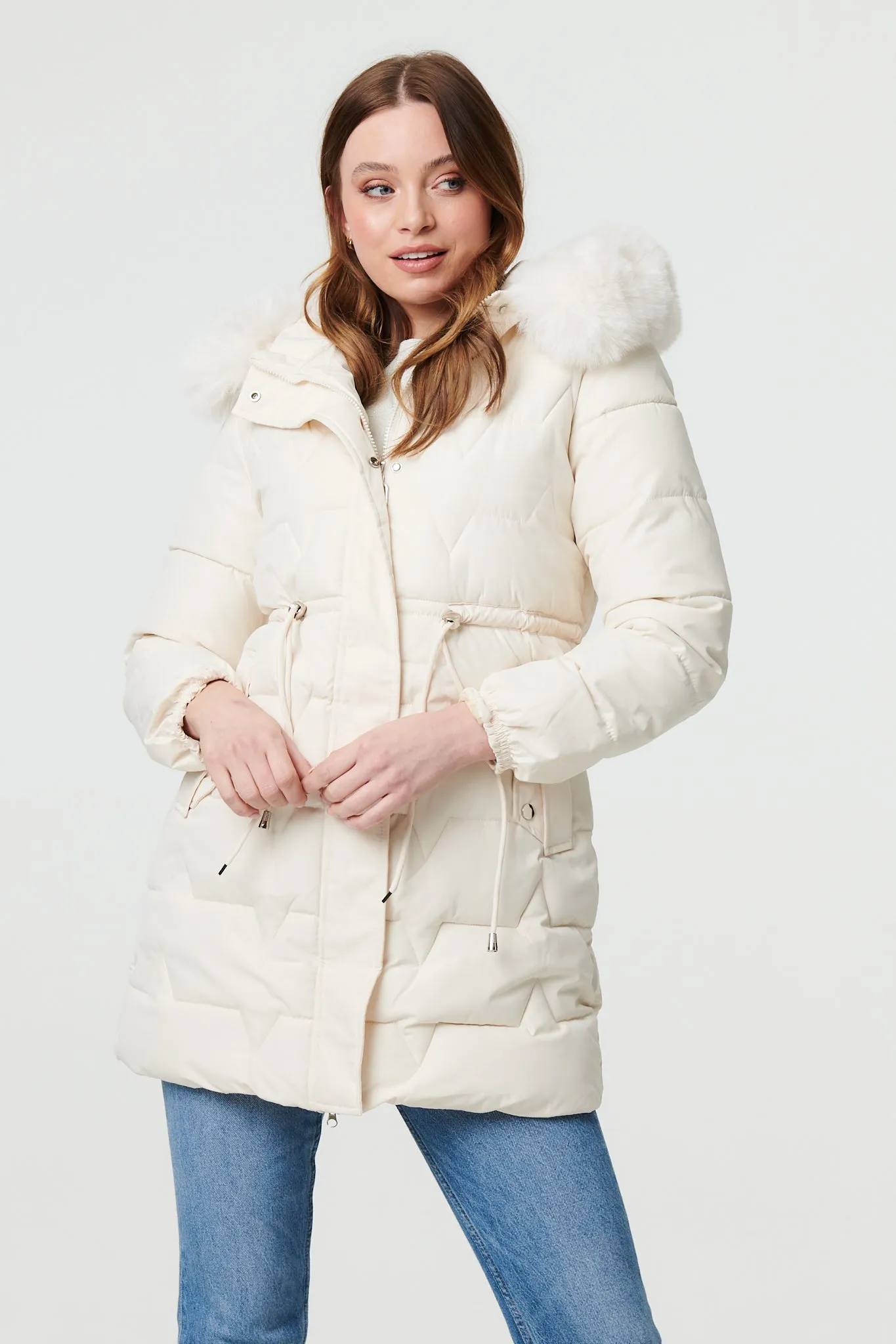 Faux Fur Hooded Tie Waist Puffer Jacket