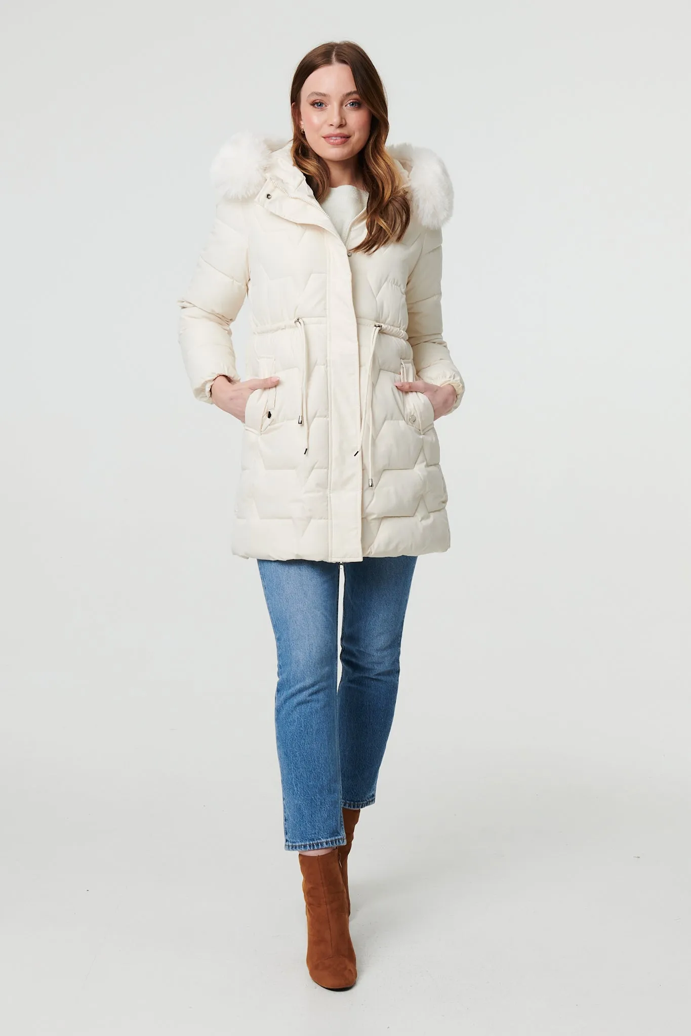 Faux Fur Hooded Tie Waist Puffer Jacket