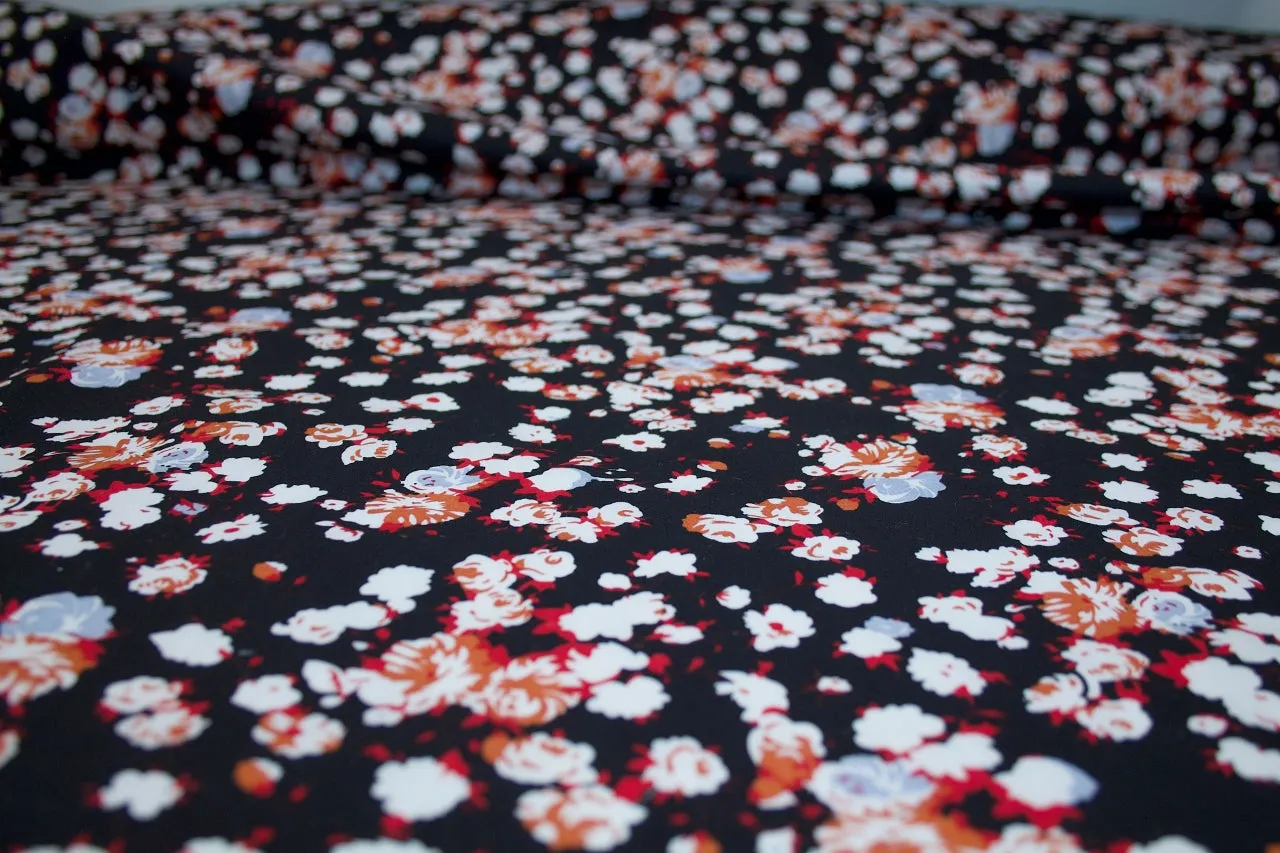 Floating Florals Cotton - Reds/Orange/Gray on Black