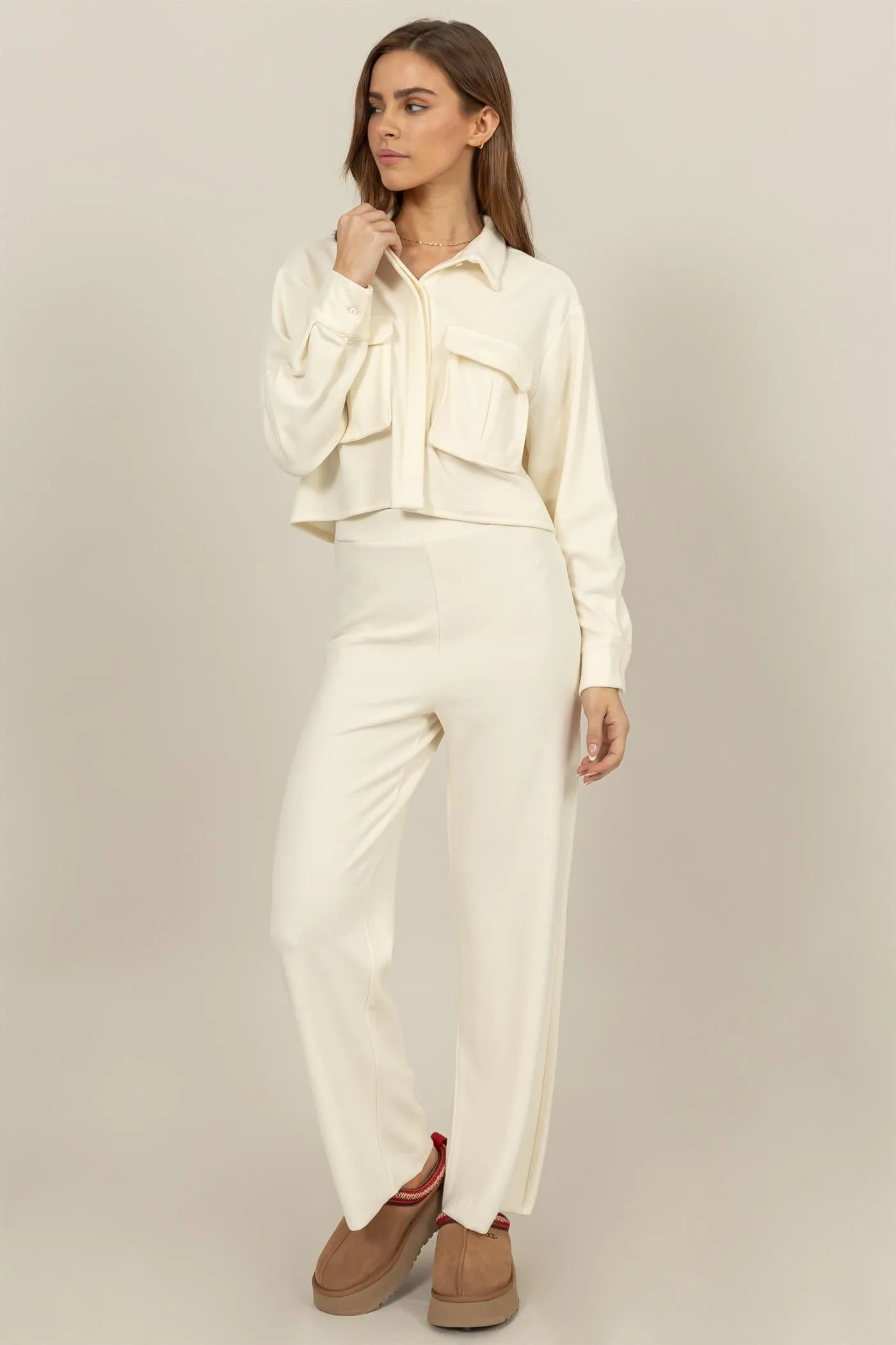 HF24F490-RELAXED RIB KNIT WIDE-LEG PANTS