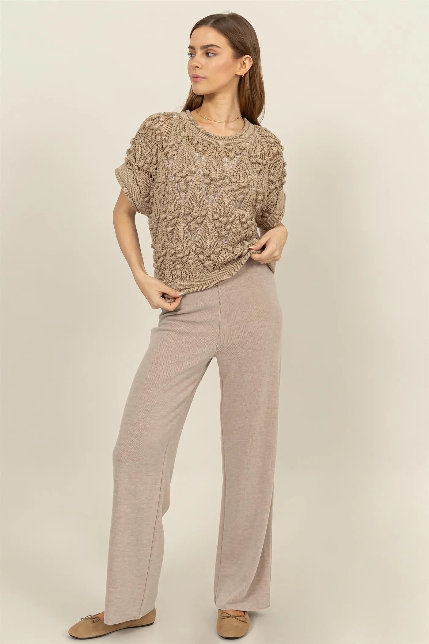 HF24F490-RELAXED RIB KNIT WIDE-LEG PANTS