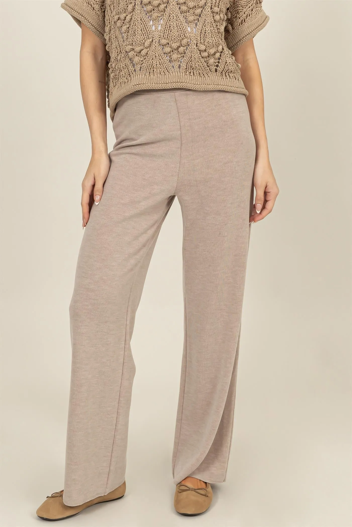 HF24F490-RELAXED RIB KNIT WIDE-LEG PANTS