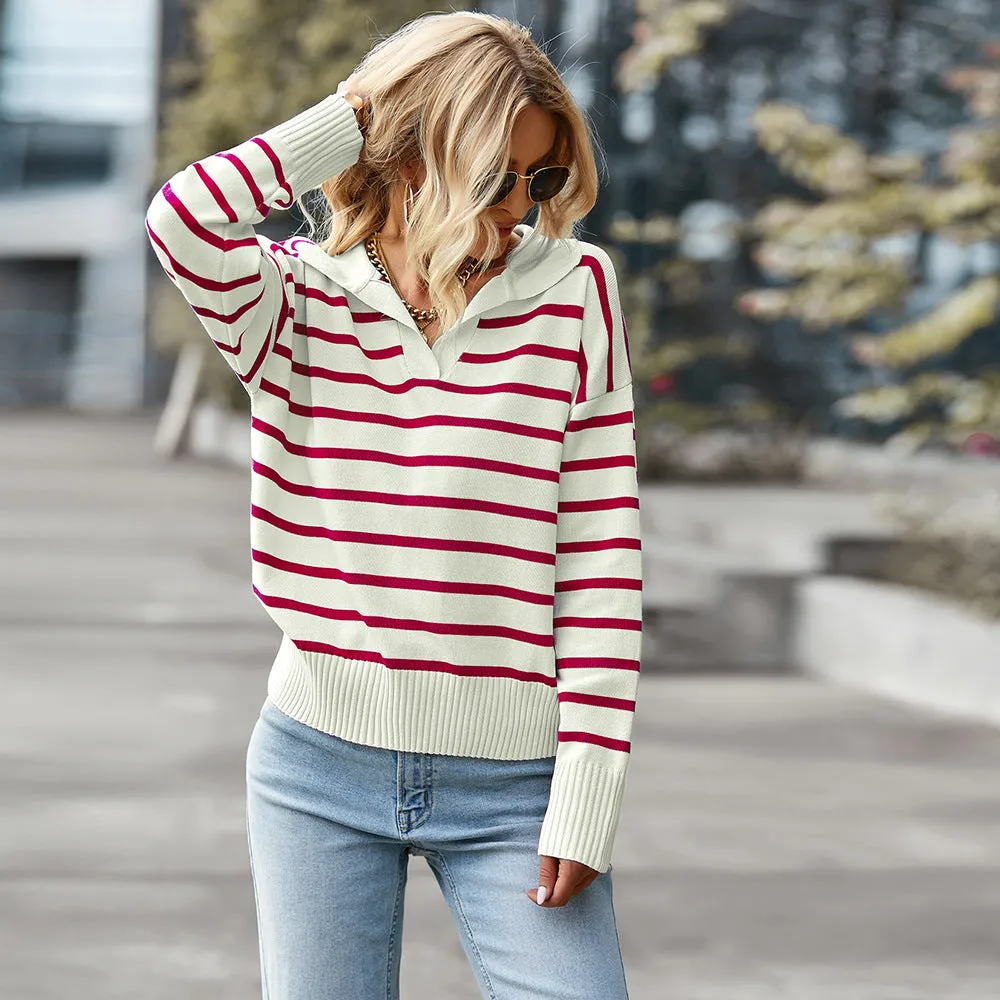 Lapel Striped Long Sleeve Jumpers Sweater - Red