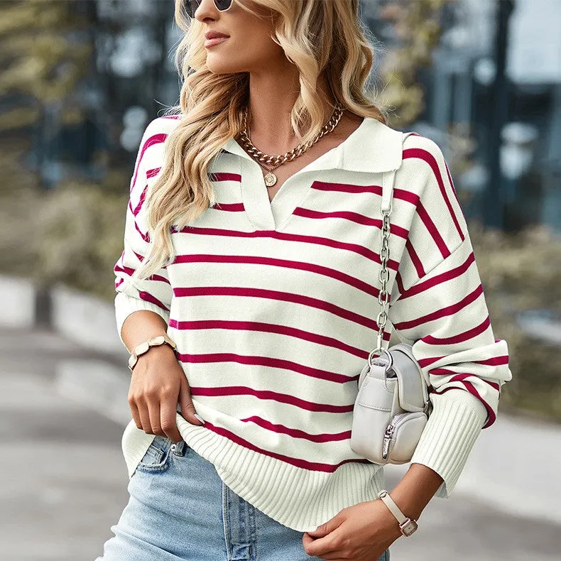 Lapel Striped Long Sleeve Jumpers Sweater - Red