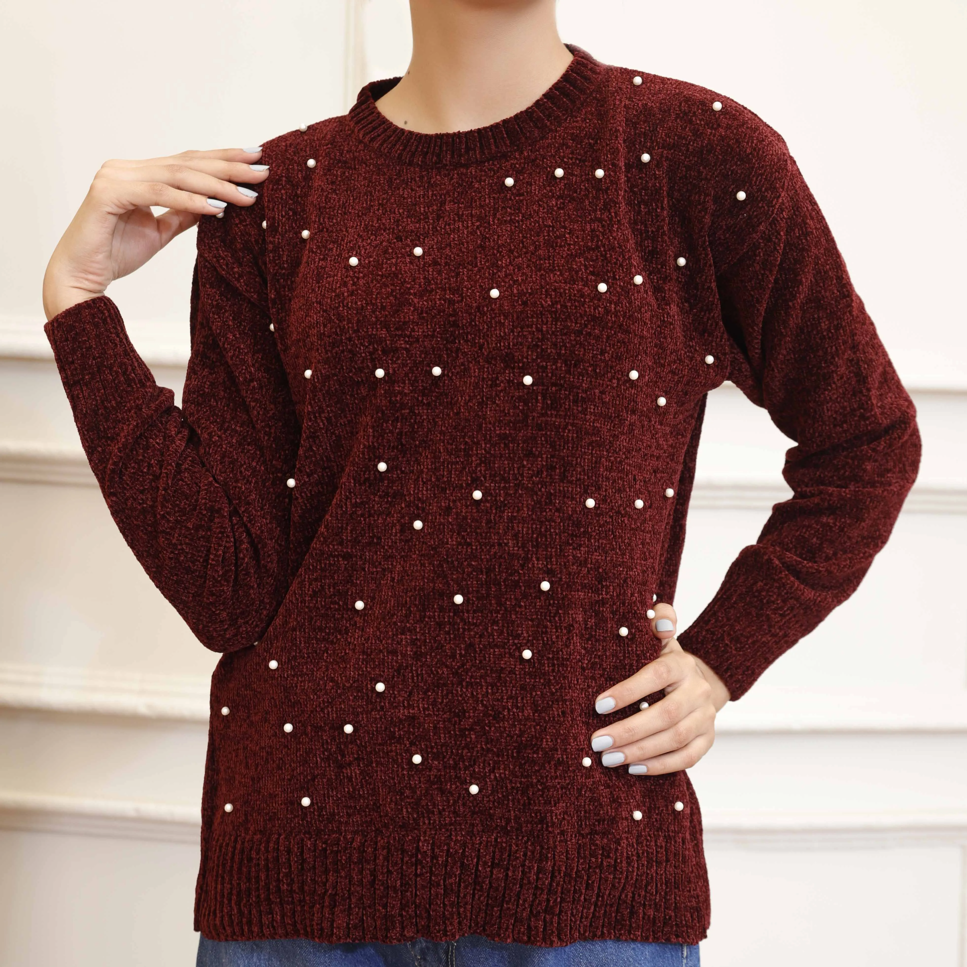 Maroon Velvet Thread Winter Sweater PW4825