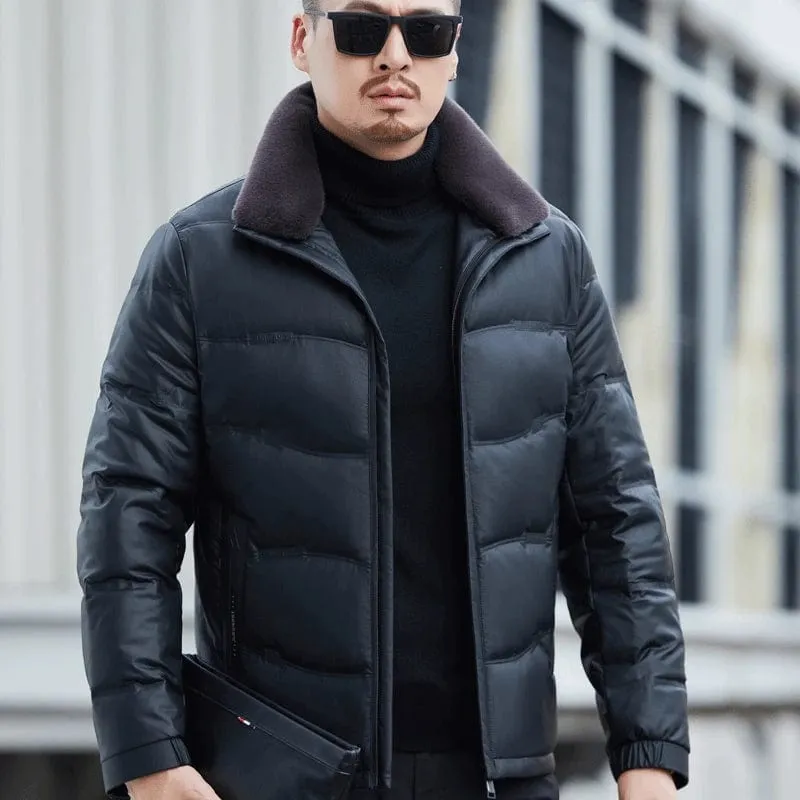 Men's Genuine Sheepskin Leather Winter Coat with Lamb Collar – Thickened Down Outerwear