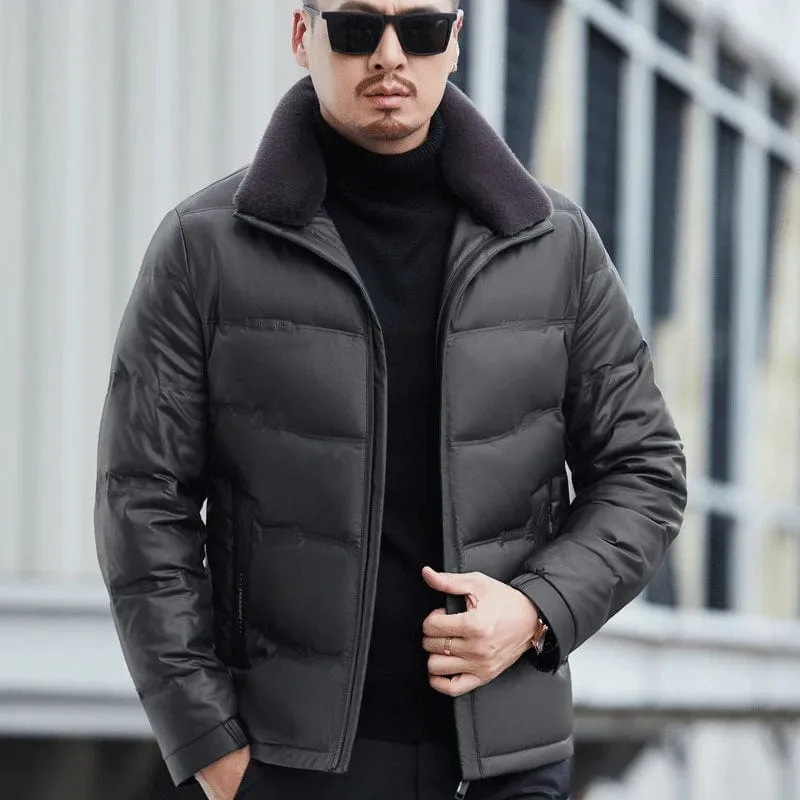 Men's Genuine Sheepskin Leather Winter Coat with Lamb Collar – Thickened Down Outerwear