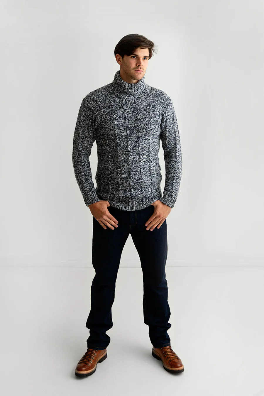 Mens Needle Rib Polo Neck Jumper  - Moray blue