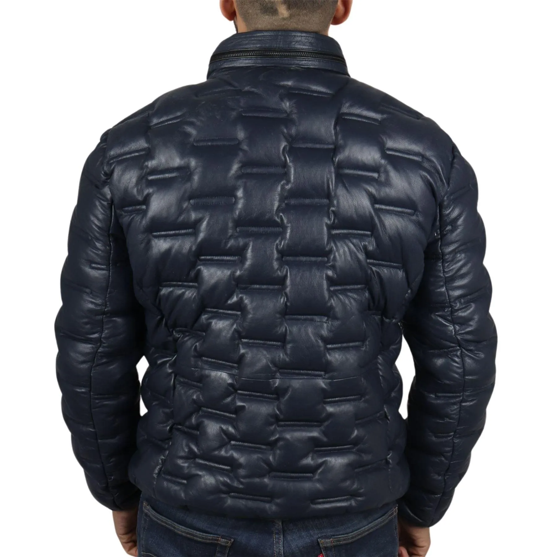 Men's Puffer Quilted Real Leather Jacket Casual Waist Length