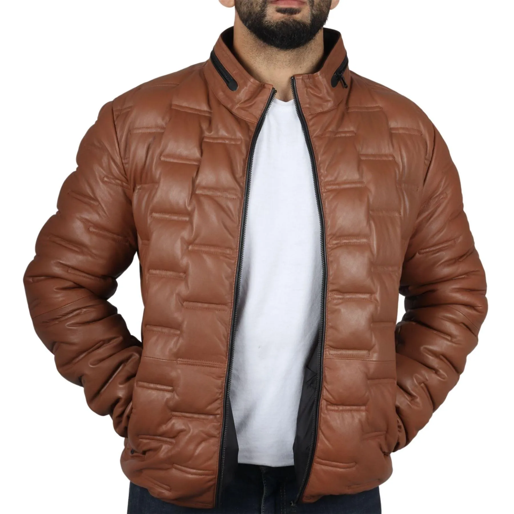 Men's Puffer Quilted Real Leather Jacket Casual Waist Length