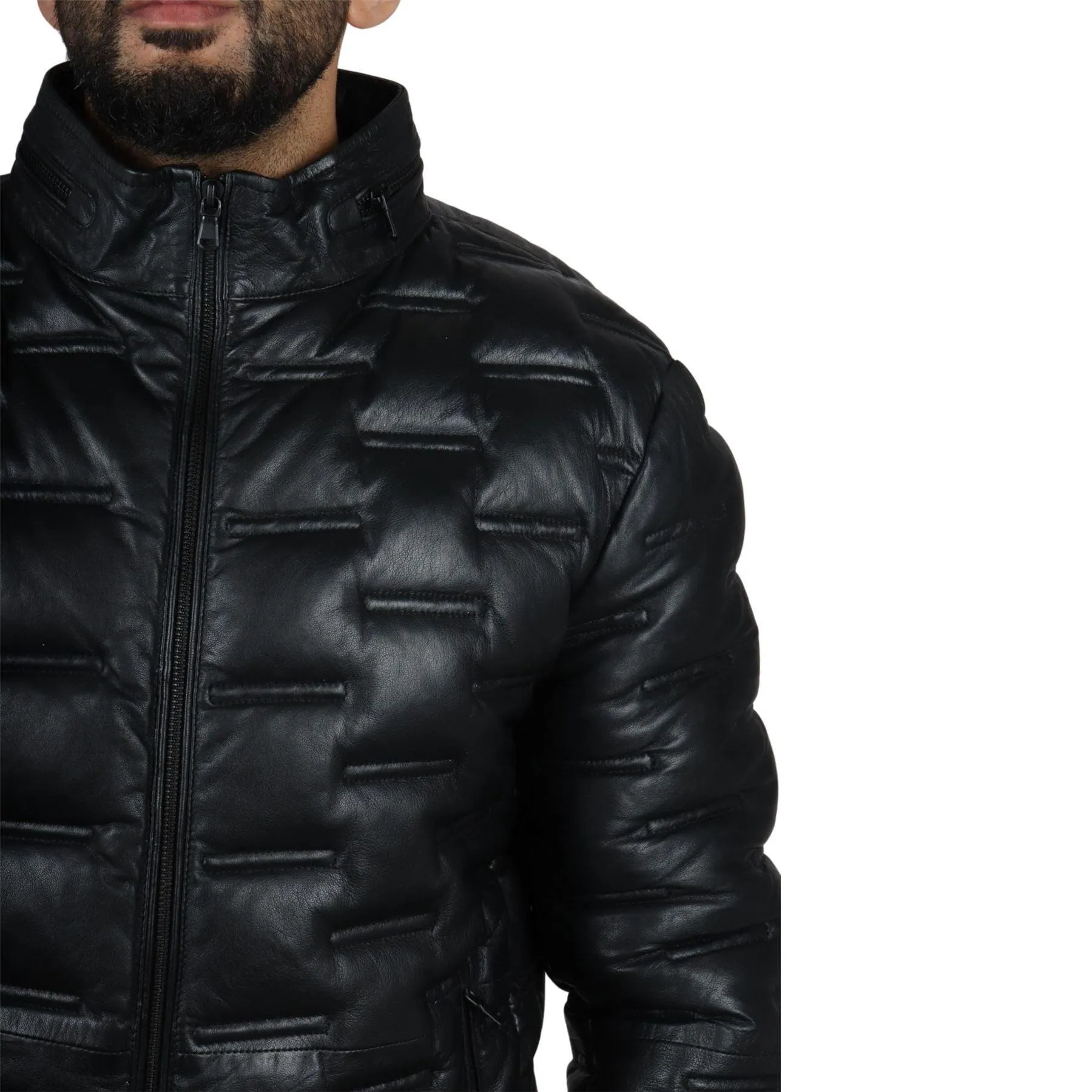 Men's Puffer Quilted Real Leather Jacket Casual Waist Length