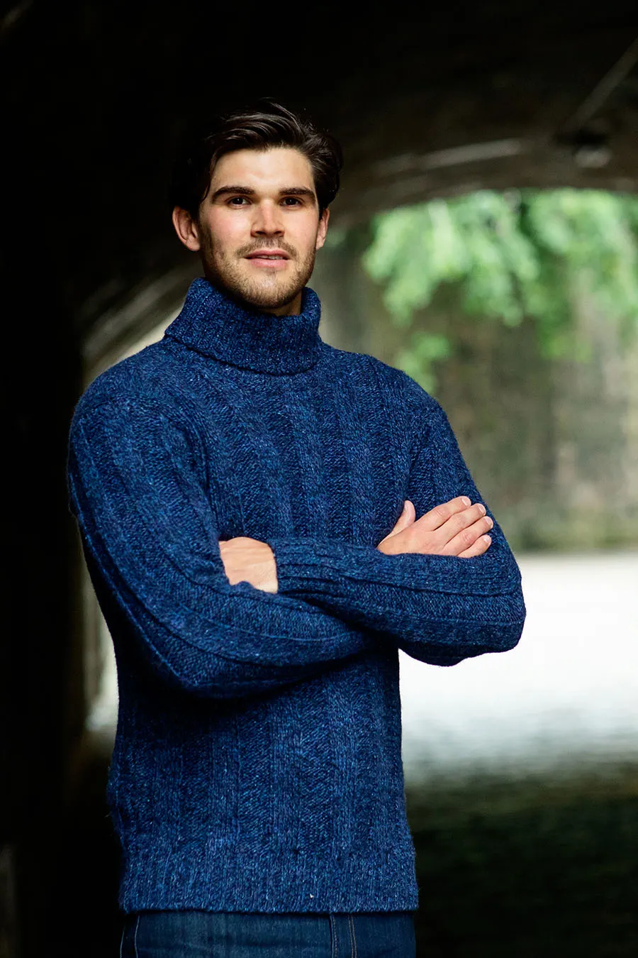 Mens Ribbed Polo Neck Jumper - blue