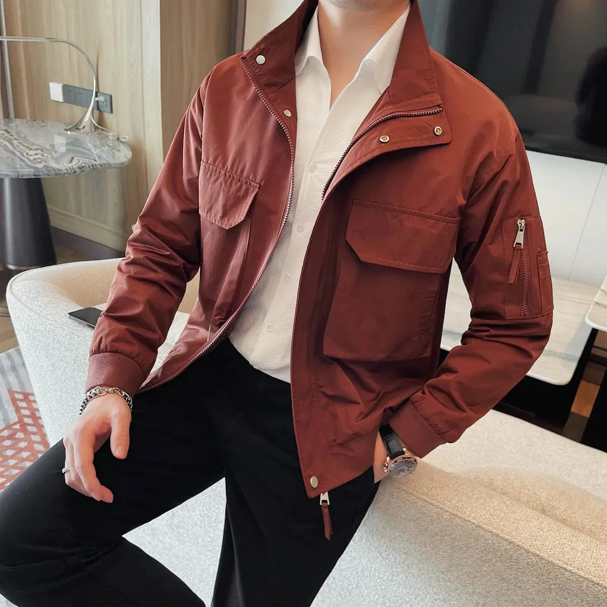 Men's Stand Collar Jacket – Casual Business Coat with Large Pockets and Zipper for Streetwear