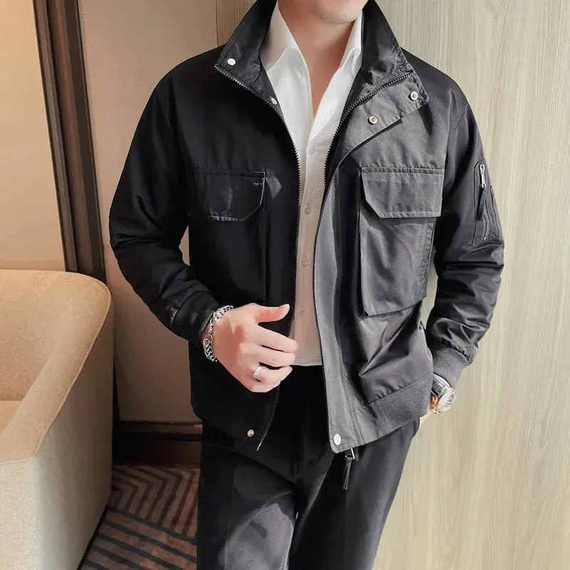 Men's Stand Collar Jacket – Casual Business Coat with Large Pockets and Zipper for Streetwear