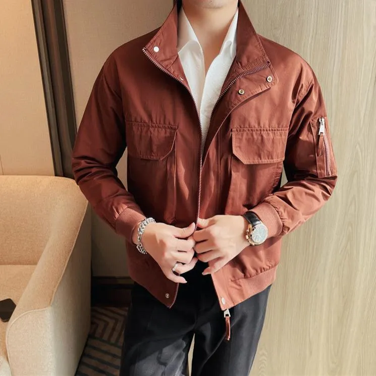 Men's Stand Collar Jacket – Casual Business Coat with Large Pockets and Zipper for Streetwear