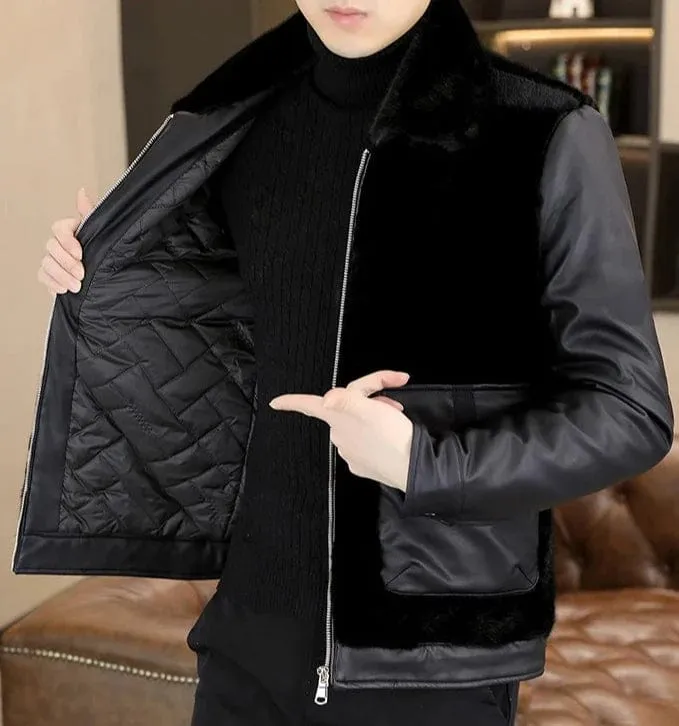 Men's Winter Faux Fur Lined Leather Jacket – Thick Warm Casual Business Overcoat