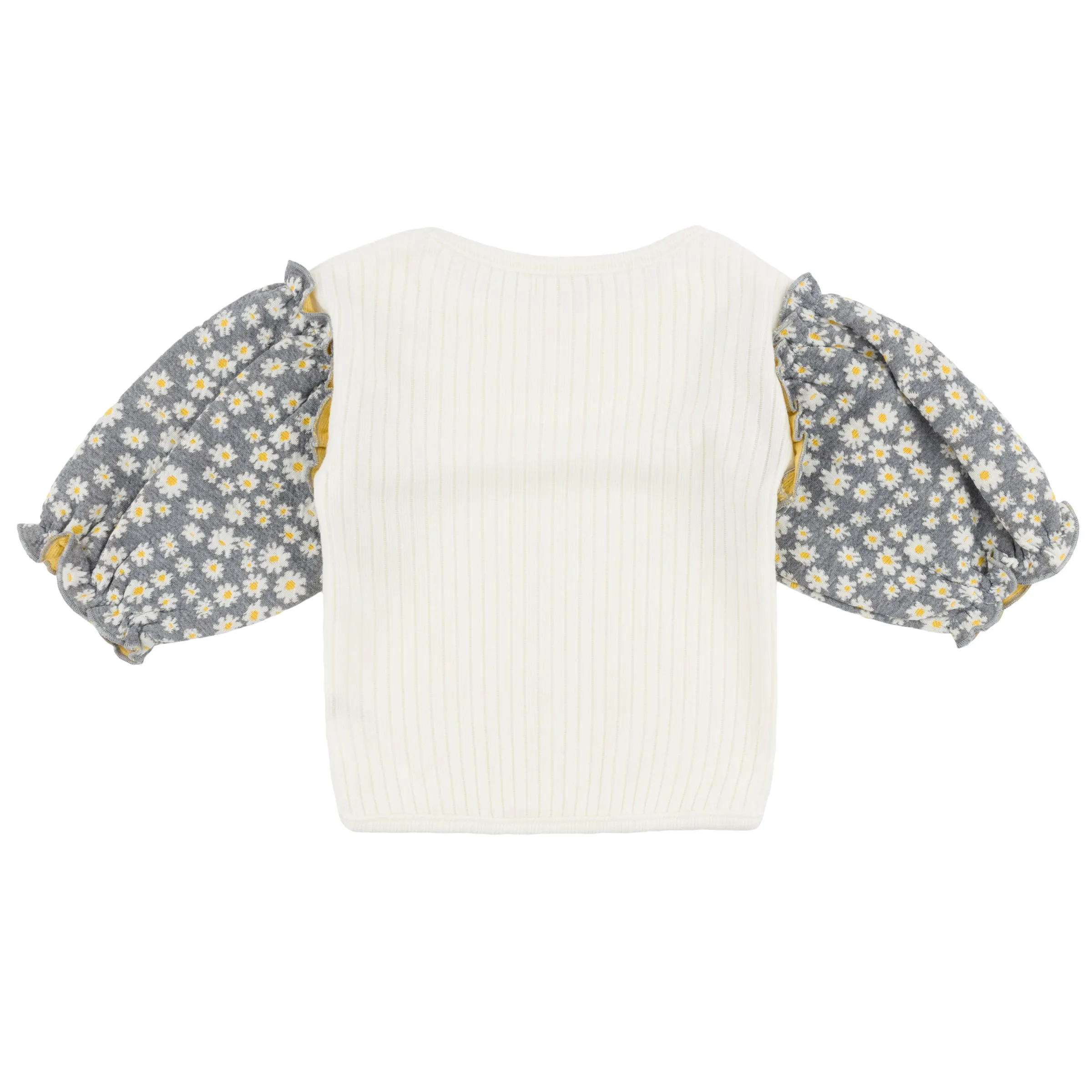 oh baby! Nellie Sweaterknit Blouse - Pucker Mini Daisies Print Puff Sleeves - Heather Gray