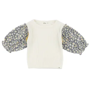 oh baby! Nellie Sweaterknit Blouse - Pucker Mini Daisies Print Puff Sleeves - Heather Gray