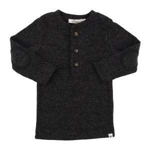 oh baby! Wide Rib Fuzzy Sweater Knit Elbow Patch Henley - Charcoal Pepper