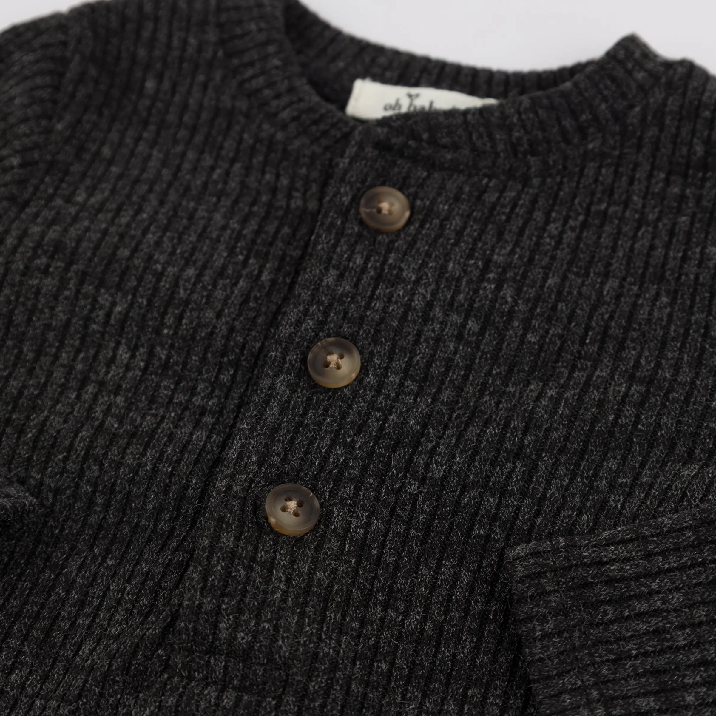 oh baby! Wide Rib Fuzzy Sweater Knit Elbow Patch Henley - Charcoal Pepper