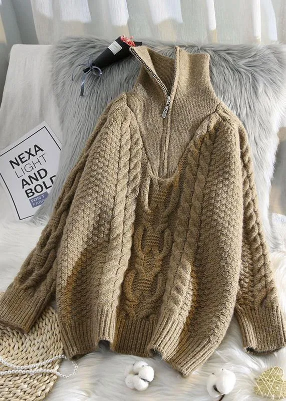 Oversized beige knitted pullover high neck zippered fall fashion knit sweat tops