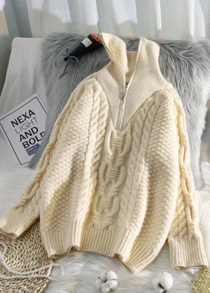 Oversized beige knitted pullover high neck zippered fall fashion knit sweat tops