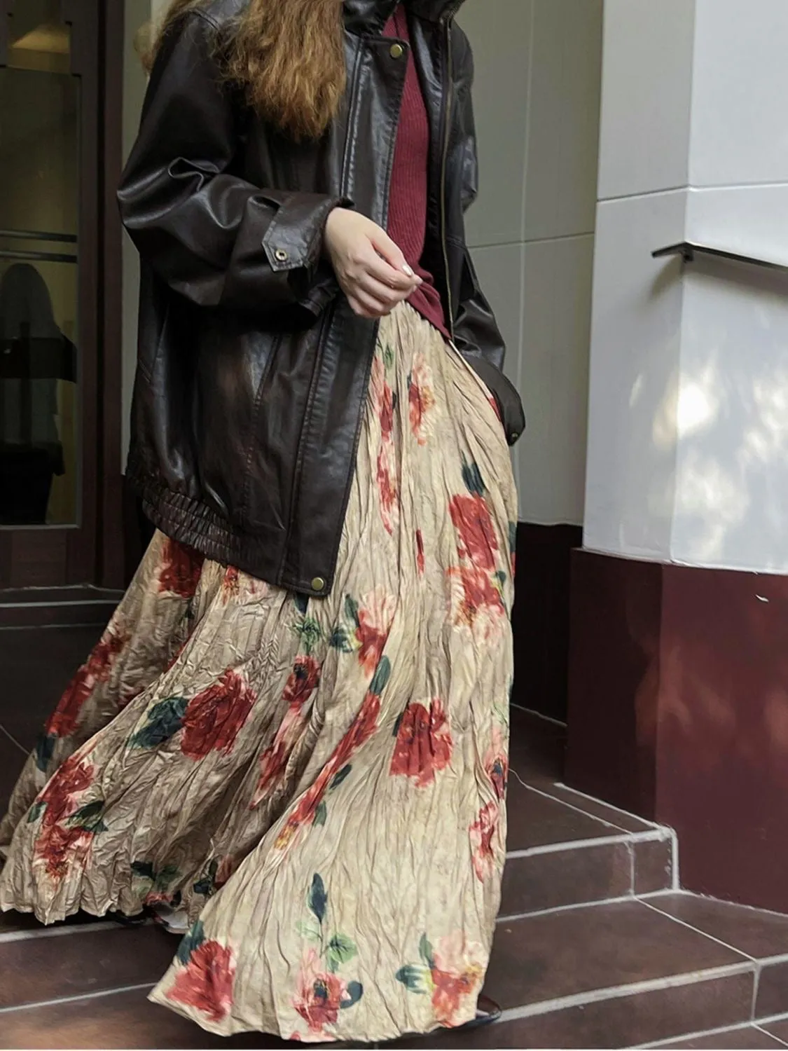 Retro Floral Ruffled Soft A-line Long Skirt