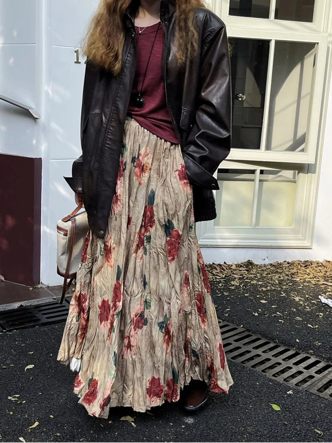 Retro Floral Ruffled Soft A-line Long Skirt